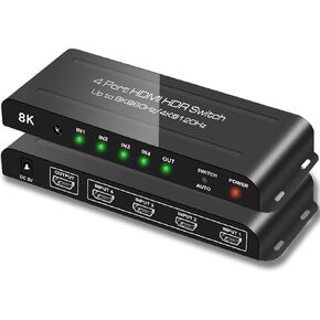 SkycropHD HDMI Switch 4K @ 120 هرتز 8K @ 60 هرتز 4 في 1 خارج HDMI مقسم محول تلقائي مع دعم عن بعد 48 جيجابت في الثانية، HDR10+، HDCP2.3، Dolby Vision، Atmos وCEC in Kuwait