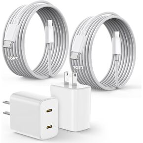 كتلة شحن USB C سريعة 45 وات Apple 17 16 15، قابس شاحن Apple 2 حزمة وأسلاك كابل USB C بطول 10 أقدام، شاحن iPhone 17 شحن سريع، متوافق مع iPhone 17/16/15/Air/Pro/Pro Max/e/Plus/iPad/AirPods in Kuwait