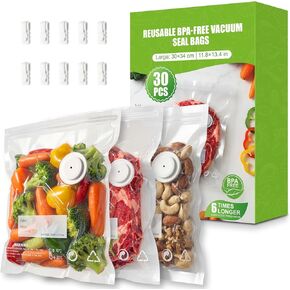 RIWUSI 30PCS Reusable Vacuum Sealer Bags for Food with Air Valve & 10 Seal Clips – Large (11.8 x 13.4 in), BPA Free Food Storage Bags,Lock in Food Freshness for Freezer, Microwave, Sous Vide Cooking | Food-grade materials, Leak-proof in Saudi Arabia