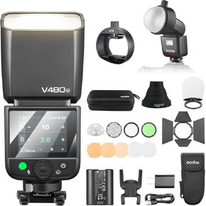GODOX V480 flash AK-R1 Accessory Kit, GODOX V480-N TTL HSS Flash for Nikon, 2.4G Wireless, 2.0"Color Touchscreen, Smart Distance Readout, Li-ion Battery, 650 full-power flashes, 10-Level Modeling Lamp in Kuwait