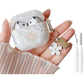 حافظة شفافة من MINSCOSE لسماعات AirPods 4 اللامعة اللطيفة، تصميم جمالي بنمط صدفة كرتونية على شكل زهرة مع سلسلة مفاتيح زهرية، غطاء حماية ناعم من مادة TPU مع مجموعة أدوات تنظيف لأجهزة AirPods 4 - وردي in Kuwait