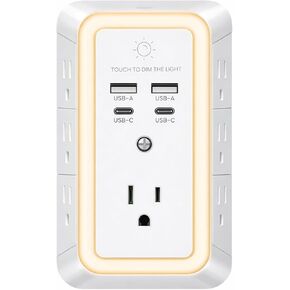 7 منافذ حماية من ارتفاع التيار الكهربائي مع ضوء ليلي، محول قابس متعدد 11 في 1 مع منفذي USB-C ومنفذي USB، موسع طاقة موفر للمساحة للسفر في المنزل والمكتب in Kuwait