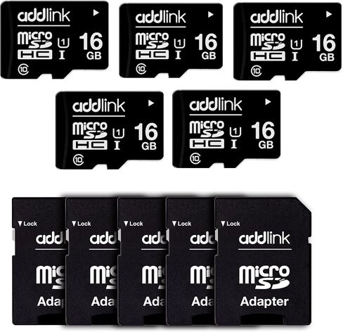 بطاقة ذاكرة Micro SD سعة 16 جيجابايت مكونة من 5 حزم من Addlink، وسرعة 85 ميجابايت/ثانية، وفيديو عالي الدقة بالكامل، وأمن المراقبة، وكاميرا الحركة U1 C10 فئة 10 بطاقة ذاكرة Micro SDHC UHS-I، مع محول MicroSD إلى SD in Kuwait