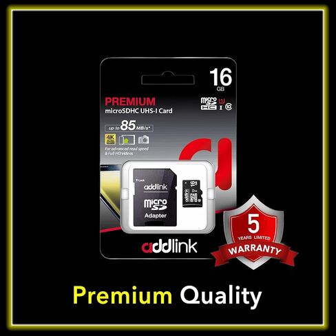 بطاقة ذاكرة Micro SD سعة 16 جيجابايت مكونة من 5 حزم من Addlink، وسرعة 85 ميجابايت/ثانية، وفيديو عالي الدقة بالكامل، وأمن المراقبة، وكاميرا الحركة U1 C10 فئة 10 بطاقة ذاكرة Micro SDHC UHS-I، مع محول MicroSD إلى SD in Kuwait