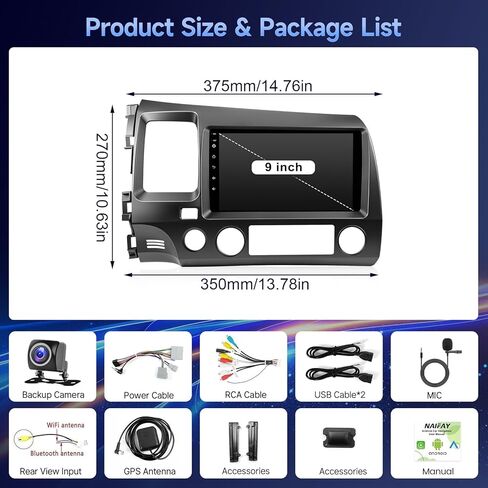 Naifay 4G+64G Android 13 Car Radio for Honda Civic 2006 2007 2008 2009 2010 2011, 9 inch IPS Touch Screen for Honda Civic CarPlay/Android Auto/Bluetooth/GPS/WiFi/Mirrorlink/Camera in Kuwait