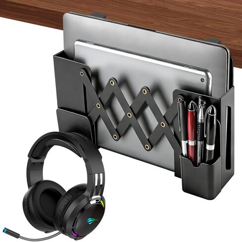 Desk Side Storage，Under Desk Clamp-on Vertical Laptop Holder,7-17 Inch Length Adjustable with Pen & Headphone Holder,No Drill Storage Shelf for Desk，Fits Table Edge 0.4" to 2.3"(Black) in Kuwait
