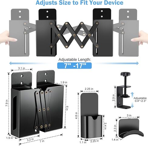 Desk Side Storage，Under Desk Clamp-on Vertical Laptop Holder,7-17 Inch Length Adjustable with Pen & Headphone Holder,No Drill Storage Shelf for Desk，Fits Table Edge 0.4" to 2.3"(Black) in Kuwait