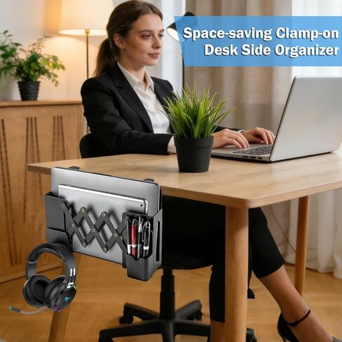 Desk Side Storage，Under Desk Clamp-on Vertical Laptop Holder,7-17 Inch Length Adjustable with Pen & Headphone Holder,No Drill Storage Shelf for Desk，Fits Table Edge 0.4" to 2.3"(Black) in Kuwait