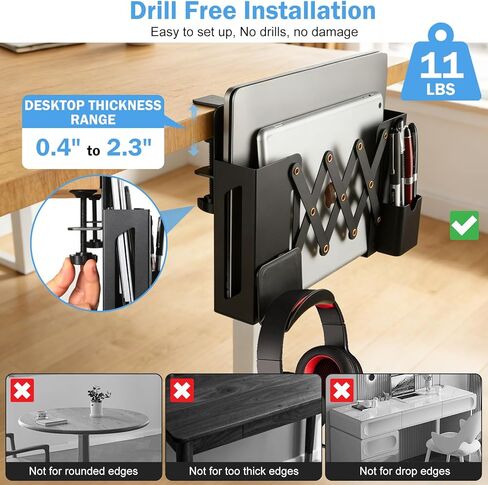 Desk Side Storage，Under Desk Clamp-on Vertical Laptop Holder,7-17 Inch Length Adjustable with Pen & Headphone Holder,No Drill Storage Shelf for Desk，Fits Table Edge 0.4" to 2.3"(Black) in Kuwait
