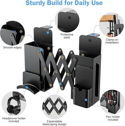Desk Side Storage，Under Desk Clamp-on Vertical Laptop Holder,7-17 Inch Length Adjustable with Pen & Headphone Holder,No Drill Storage Shelf for Desk，Fits Table Edge 0.4" to 2.3"(Black) in Kuwait