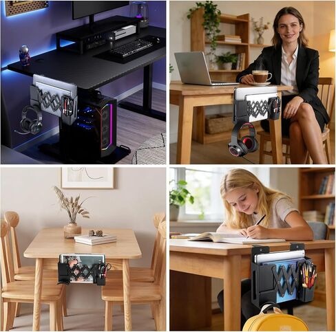 Desk Side Storage，Under Desk Clamp-on Vertical Laptop Holder,7-17 Inch Length Adjustable with Pen & Headphone Holder,No Drill Storage Shelf for Desk，Fits Table Edge 0.4" to 2.3"(Black) in Kuwait