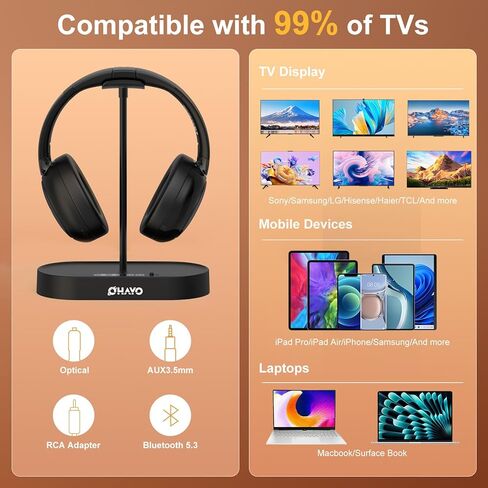 OHAYO Wireless TV Headphones for Seniors with Transmitter Charging Dock, Digital Optical AUX RCA Plug and Play Wireless Headphones for Watching TV, No Audio Delay, 100ft Range, Hearing Impaired Gifts in Kuwait
