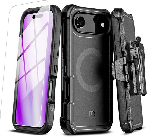 حافظة M MYBAT PRO لهاتف iPhone Air مع حافظة بمشبك حزام، [متوافقة مع Magsafe] مع واقي شاشة، مضاد للسقوط، مقاوم للصدمات، مع مسند دوار 360 درجة، حماية شديدة التحمل (أزرق) (بني) in Kuwait