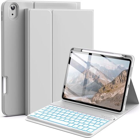 حافظة لوحة مفاتيح JKSML لجهاز iPad A16 الجيل الحادي عشر 2025 11 بوصة وiPad الجيل العاشر 2022 10.9 بوصة مع لوحة مفاتيح بلوتوث بإضاءة خلفية 7 ألوان (اقتران سريع)، حامل أقلام على الجانب الأيمن، سيليكون ناعم، رمادي بإضاءة خلفية in Kuwait