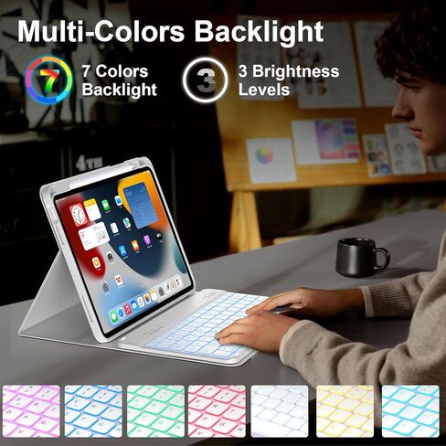 حافظة لوحة مفاتيح JKSML لجهاز iPad A16 الجيل الحادي عشر 2025 11 بوصة وiPad الجيل العاشر 2022 10.9 بوصة مع لوحة مفاتيح بلوتوث بإضاءة خلفية 7 ألوان (اقتران سريع)، حامل أقلام على الجانب الأيمن، سيليكون ناعم، رمادي بإضاءة خلفية in Kuwait