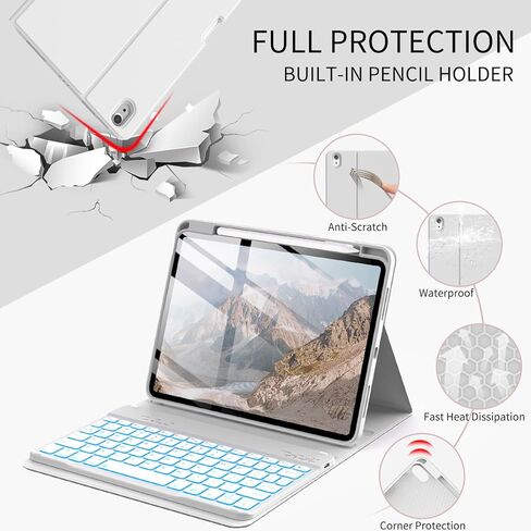 حافظة لوحة مفاتيح JKSML لجهاز iPad A16 الجيل الحادي عشر 2025 11 بوصة وiPad الجيل العاشر 2022 10.9 بوصة مع لوحة مفاتيح بلوتوث بإضاءة خلفية 7 ألوان (اقتران سريع)، حامل أقلام على الجانب الأيمن، سيليكون ناعم، رمادي بإضاءة خلفية in Kuwait