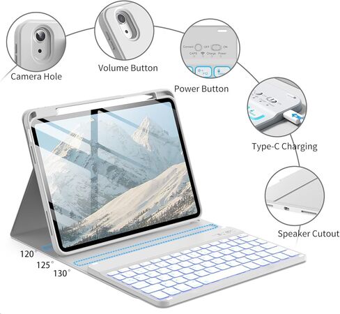 حافظة لوحة مفاتيح JKSML لجهاز iPad A16 الجيل الحادي عشر 2025 11 بوصة وiPad الجيل العاشر 2022 10.9 بوصة مع لوحة مفاتيح بلوتوث بإضاءة خلفية 7 ألوان (اقتران سريع)، حامل أقلام على الجانب الأيمن، سيليكون ناعم، رمادي بإضاءة خلفية in Kuwait