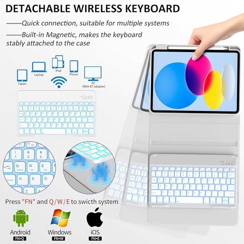 حافظة لوحة مفاتيح JKSML لجهاز iPad A16 الجيل الحادي عشر 2025 11 بوصة وiPad الجيل العاشر 2022 10.9 بوصة مع لوحة مفاتيح بلوتوث بإضاءة خلفية 7 ألوان (اقتران سريع)، حامل أقلام على الجانب الأيمن، سيليكون ناعم، رمادي بإضاءة خلفية in Kuwait