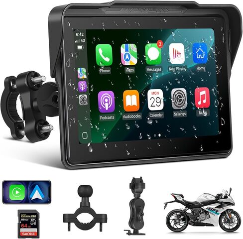 شاشة CarPlay للدراجات النارية مقاس 7 بوصات، شاشة GPS مقاومة للماء للدراجات النارية، CarPlay اللاسلكي وAndroid Auto Para Moto، بلوتوث مزدوج، شاشة لمس، مشاركة الموسيقى Siri (7 بوصات CarPlay اللاسلكية) (تركيب مزدوج) in Kuwait