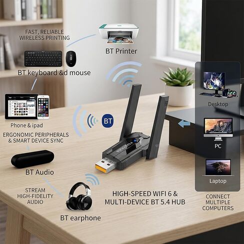 محول USB بلوتوث واي فاي لأجهزة متعددة، نقل جيجابت عالي السرعة ثنائي النطاق، سطح المكتب، الكمبيوتر المحمول، PS5 in Kuwait
