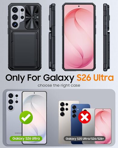 حافظة Vizvera لهاتف Samsung Galaxy S26 Ultra RFID [حامل بطاقات] [غطاء كاميرا] [حافة مرتفعة] حافظة هاتف سيليكون متينة مقاومة للصدمات لهاتف Galaxy S26 Ultra 6.9 بوصة 2026، أسود in Kuwait
