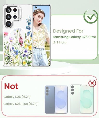 جراب Dretal مغناطيسي لهاتف Samsung Galaxy S26 Ultra زهري، واقي شاشة، حامل حلقة عدسة مدمج، غطاء نمط زهرة مغناطيسي شفاف غير لامع مقاوم للصدمات للنساء والفتيات، Galaxy S26 Ultra (زهور) in Kuwait