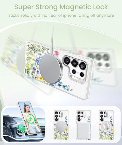 جراب Dretal مغناطيسي لهاتف Samsung Galaxy S26 Ultra زهري، واقي شاشة، حامل حلقة عدسة مدمج، غطاء نمط زهرة مغناطيسي شفاف غير لامع مقاوم للصدمات للنساء والفتيات، Galaxy S26 Ultra (زهور) in Kuwait