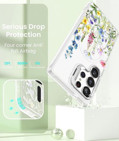 جراب Dretal مغناطيسي لهاتف Samsung Galaxy S26 Ultra زهري، واقي شاشة، حامل حلقة عدسة مدمج، غطاء نمط زهرة مغناطيسي شفاف غير لامع مقاوم للصدمات للنساء والفتيات، Galaxy S26 Ultra (زهور) in Kuwait