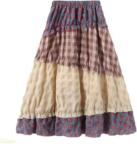 Boho Patchwork Midi Skirt Women's High Pherlor Print A-Line Cotton Cotton Skirt مرنة الخصر الربيع in Saudi Arabia