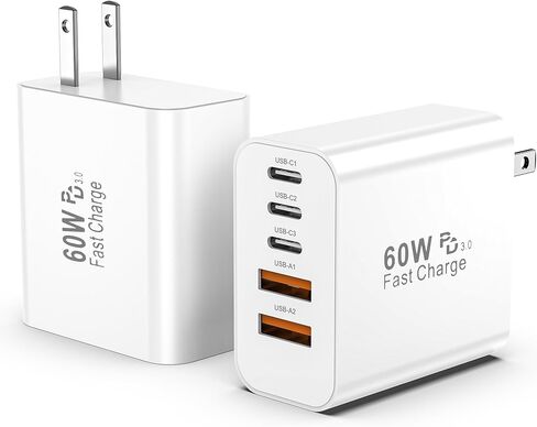 كتلة شاحن سريع USB C، 2 حزمة شحن متعددة المنافذ بقدرة 60 وات، 2 USB A & 3 USB C PD3.0 قابس شحن محول الطاقة لهاتف iPhone 16/15/14/13/iPad Mini/Pro/AirPods 4/GalaxyS23 (أبيض) in Kuwait
