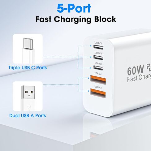 كتلة شاحن سريع USB C، 2 حزمة شحن متعددة المنافذ بقدرة 60 وات، 2 USB A & 3 USB C PD3.0 قابس شحن محول الطاقة لهاتف iPhone 16/15/14/13/iPad Mini/Pro/AirPods 4/GalaxyS23 (أبيض) in Kuwait