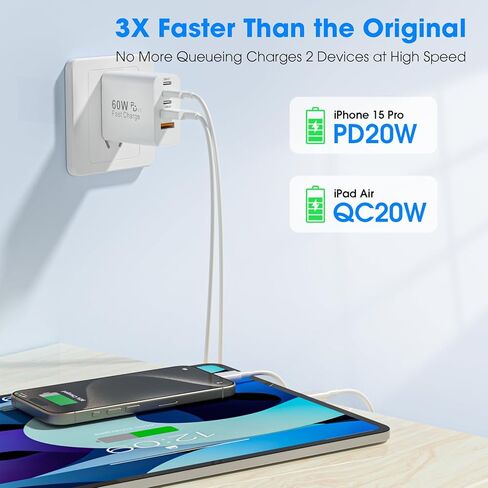 كتلة شاحن سريع USB C، 2 حزمة شحن متعددة المنافذ بقدرة 60 وات، 2 USB A & 3 USB C PD3.0 قابس شحن محول الطاقة لهاتف iPhone 16/15/14/13/iPad Mini/Pro/AirPods 4/GalaxyS23 (أبيض) in Kuwait
