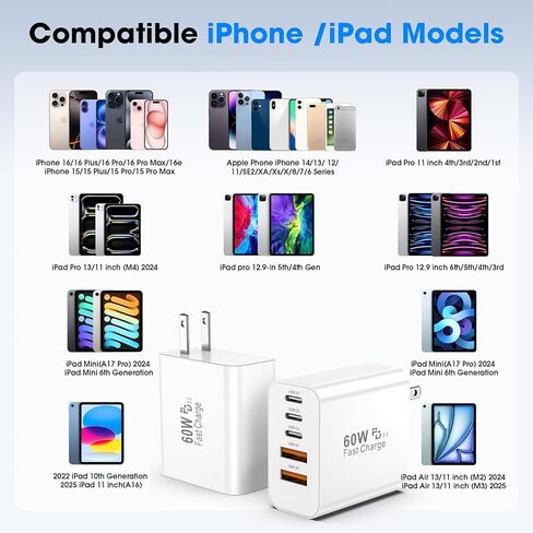 كتلة شاحن سريع USB C، 2 حزمة شحن متعددة المنافذ بقدرة 60 وات، 2 USB A & 3 USB C PD3.0 قابس شحن محول الطاقة لهاتف iPhone 16/15/14/13/iPad Mini/Pro/AirPods 4/GalaxyS23 (أبيض) in Kuwait