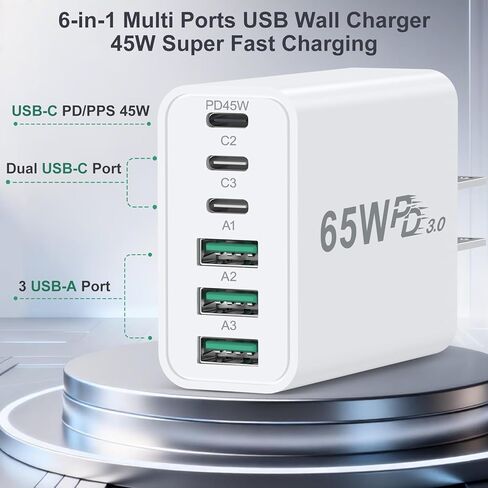 كتلة شاحن USB C 65 وات، Costyle متعدد المنافذ سريع USB C شاحن حائط قابس محول الطاقة PD 45W نوع C كتلة شحن لهاتف iPhone 17 16e 15 14 13 12 11 Pro Max Pad Galaxy S26 Ultra Tablet in Kuwait