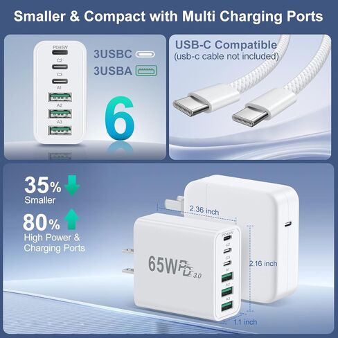 كتلة شاحن USB C 65 وات، Costyle متعدد المنافذ سريع USB C شاحن حائط قابس محول الطاقة PD 45W نوع C كتلة شحن لهاتف iPhone 17 16e 15 14 13 12 11 Pro Max Pad Galaxy S26 Ultra Tablet in Kuwait