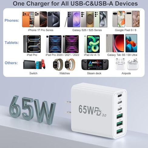 كتلة شاحن USB C 65 وات، Costyle متعدد المنافذ سريع USB C شاحن حائط قابس محول الطاقة PD 45W نوع C كتلة شحن لهاتف iPhone 17 16e 15 14 13 12 11 Pro Max Pad Galaxy S26 Ultra Tablet in Kuwait