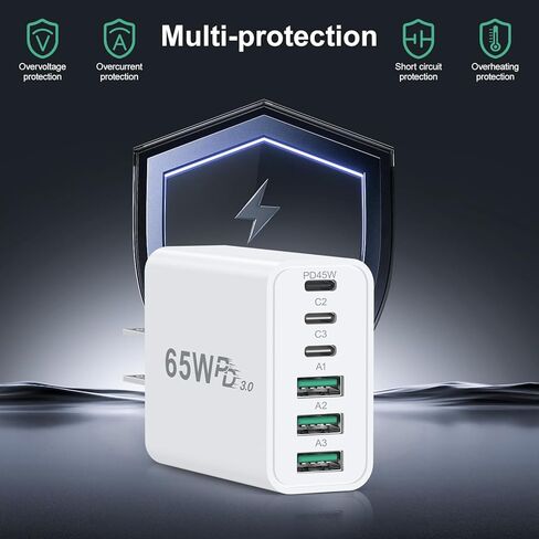 كتلة شاحن USB C 65 وات، Costyle متعدد المنافذ سريع USB C شاحن حائط قابس محول الطاقة PD 45W نوع C كتلة شحن لهاتف iPhone 17 16e 15 14 13 12 11 Pro Max Pad Galaxy S26 Ultra Tablet in Kuwait