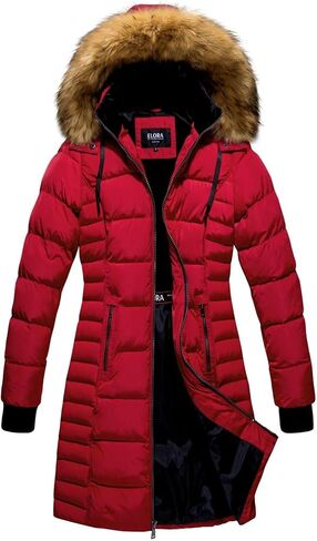 ELORA Women's Winter Parka Vegan-Down Puffer Mid- Length Coat Faux Fur Trim Removable Hood in Saudi Arabia