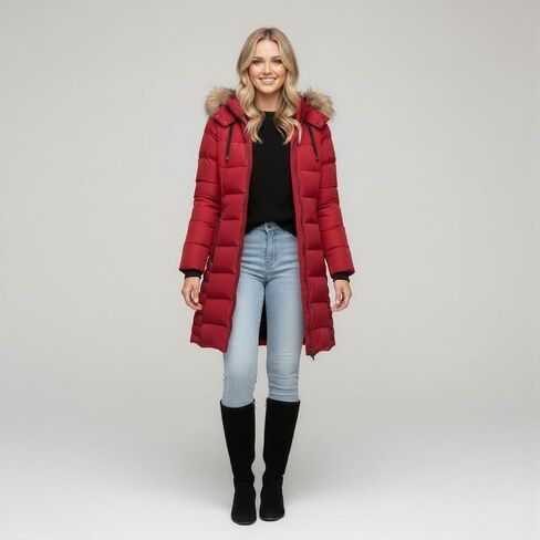 ELORA Women's Winter Parka Vegan-Down Puffer Mid- Length Coat Faux Fur Trim Removable Hood in Saudi Arabia