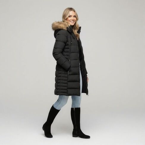 ELORA Women's Winter Parka Vegan-Down Puffer Mid- Length Coat Faux Fur Trim Removable Hood in Saudi Arabia