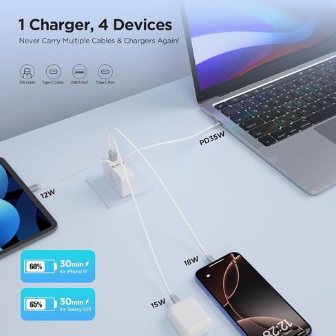 FlexTurtle-شاحن حائط صغير الحجم 4 في 1 قابل للسحب مع كابلات مزدوجة (3.28 قدم)، قابس جداري لشاحن الهاتف قابل للسحب مع منفذي USB، شاحن قابل للسحب 35 وات لهاتف iPhone 17/16/15/14، iPad (أبيض بيل) in Kuwait