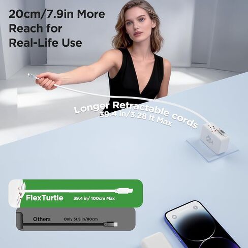 FlexTurtle-شاحن حائط صغير الحجم 4 في 1 قابل للسحب مع كابلات مزدوجة (3.28 قدم)، قابس جداري لشاحن الهاتف قابل للسحب مع منفذي USB، شاحن قابل للسحب 35 وات لهاتف iPhone 17/16/15/14، iPad (أبيض بيل) in Kuwait