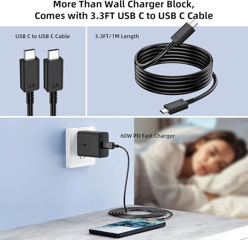 شاحن USB C 60 وات مع كابل 5 أمبير لمحول شحن سريع للغاية لهاتف Samsung S26 Ultra S25 S23 A17 A16 محول طاقة قابس الحائط لهاتف iPhone 17 Pro Max 16 15 Pixel 10a 9a USB-C إلى Type C PD Charge Cord 1M in Kuwait