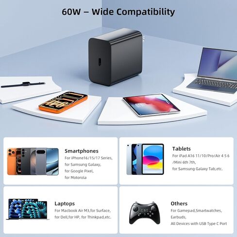 شاحن USB C 60 وات مع كابل 5 أمبير لمحول شحن سريع للغاية لهاتف Samsung S26 Ultra S25 S23 A17 A16 محول طاقة قابس الحائط لهاتف iPhone 17 Pro Max 16 15 Pixel 10a 9a USB-C إلى Type C PD Charge Cord 1M in Kuwait