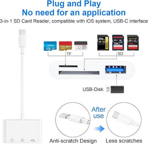 قطعتان من قارئ بطاقات USB C إلى SD، وقارئ بطاقات ذاكرة SD/TF/USB 3 في 1، متوافق مع iPhone15 16 17، لنقل الصور/الفيديو in Kuwait