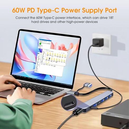 موزع USB ومحطة بيانات 7 في 1، مدخل مزدوج (USB-C وUSB 3.0)، مخرجات USB 3.0 عالية السرعة و4 منافذ USB 2.0، USB C، مصدر طاقة USBC بقدرة 5 وات، دونجل ألومنيوم نحيف لأجهزة MacBook وiPad والكمبيوتر المحمول والكمبيوتر الشخصي in Kuwait