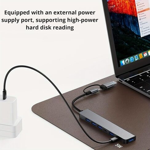 موزع USB ومحطة بيانات 7 في 1، مدخل مزدوج (USB-C وUSB 3.0)، مخرجات USB 3.0 عالية السرعة و4 منافذ USB 2.0، USB C، مصدر طاقة USBC بقدرة 5 وات، دونجل ألومنيوم نحيف لأجهزة MacBook وiPad والكمبيوتر المحمول والكمبيوتر الشخصي in Kuwait