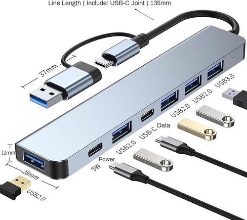 موزع USB ومحطة بيانات 7 في 1، مدخل مزدوج (USB-C وUSB 3.0)، مخرجات USB 3.0 عالية السرعة و4 منافذ USB 2.0، USB C، مصدر طاقة USBC بقدرة 5 وات، دونجل ألومنيوم نحيف لأجهزة MacBook وiPad والكمبيوتر المحمول والكمبيوتر الشخصي in Kuwait