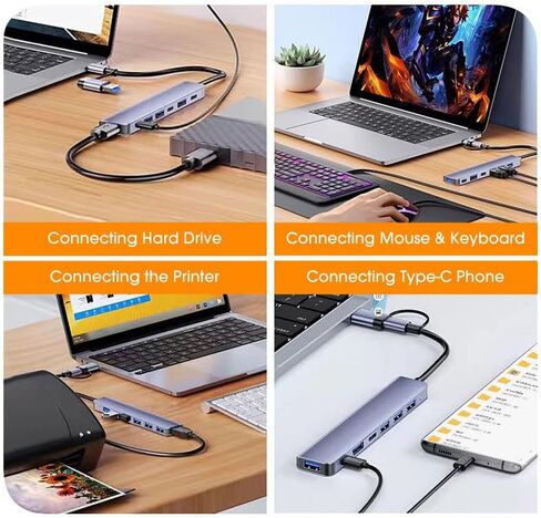 موزع USB ومحطة بيانات 7 في 1، مدخل مزدوج (USB-C وUSB 3.0)، مخرجات USB 3.0 عالية السرعة و4 منافذ USB 2.0، USB C، مصدر طاقة USBC بقدرة 5 وات، دونجل ألومنيوم نحيف لأجهزة MacBook وiPad والكمبيوتر المحمول والكمبيوتر الشخصي in Kuwait
