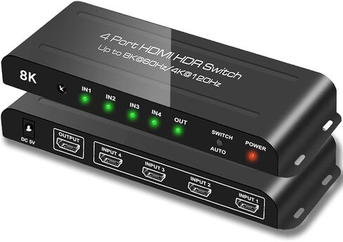 SkycropHD HDMI Switch 4K @ 120 هرتز 8K @ 60 هرتز 4 في 1 خارج HDMI مقسم محول تلقائي مع دعم عن بعد 48 جيجابت في الثانية، HDR10+، HDCP2.3، Dolby Vision، Atmos وCEC in Kuwait